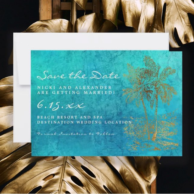 Save The Date Mariage Teal Or Palmier Tropical Sauvegarder Notre (Créateur téléchargé)