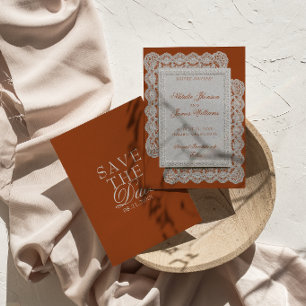 Save The Date Mariage Terracotta Orange Brûlé Dentelle Vieille F