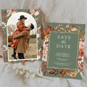 Save The Date Mariage Terre Cuite Floral Photo Vert Sauge