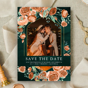 Save The Date Mariage Terre Cuite Orange Brûlé Émeraude Floral