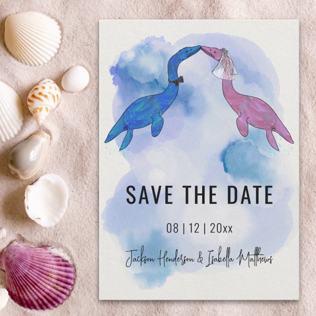 Save The Date Mariage Thème Dinosaure Enregistrer la Date (Watercolor sea dinosaur theme wedding save the date card ocean Beach wedding )