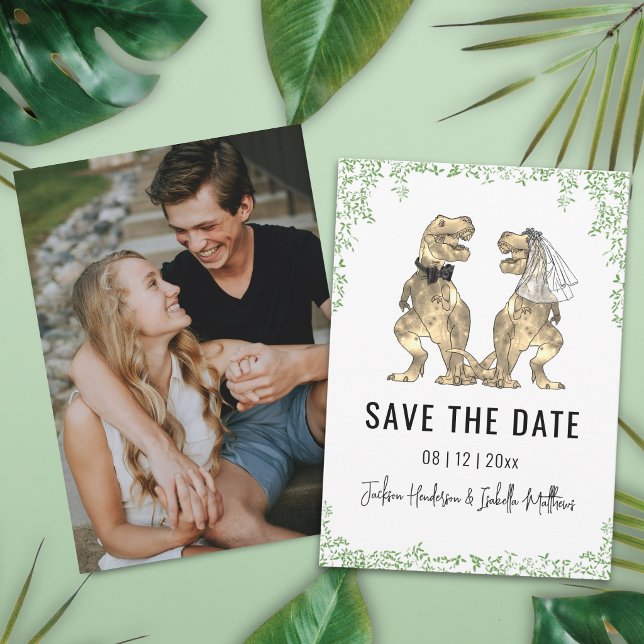 Save The Date Mariage Thème Dinosaure Photo  (Funny dinosaur bride and groom wedding save the date photo card Watercolor eucalyptus foliage)