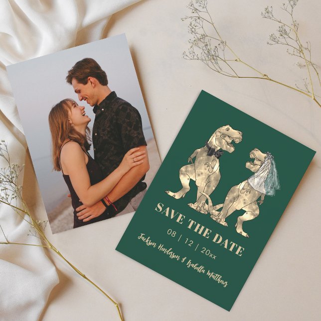 Save The Date Mariage Thème Dinosaure Photo Vert (Simple dinosaur theme wedding save the date photo engagement announcement green card)