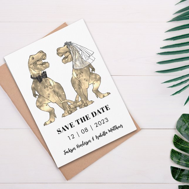 Save The Date Mariage Thème Dinosaure Vert (T-Rex bride and groom funny dinosaur wedding save the date invitation)
