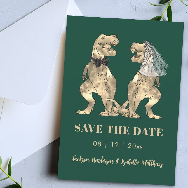 Save The Date Mariage Thème Dinosaures Vert (Simple funny dinosaur wedding save the date emerald green card)