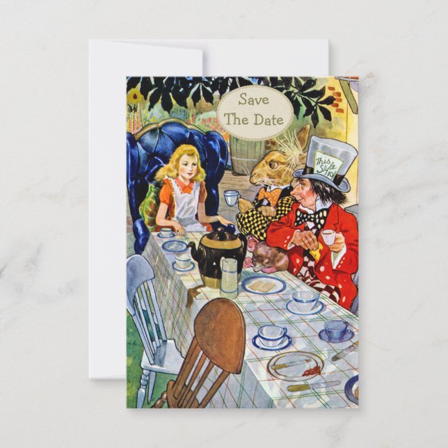 Save The Date Mariage Thème "La Fête de Thé du Chapelier Fou" En (Devant)