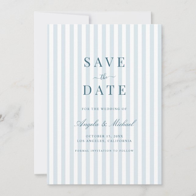Save The Date Mariage Timeless Luxe Écriture Rayures Bleues (Devant)