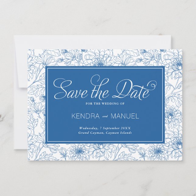 Save The Date Mariage Toile de Chine Florale Bleu de Delft (Devant)