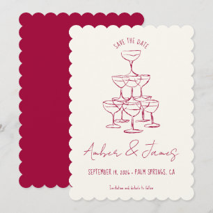 Save The Date Mariage Tour de Champagne Dessinée à la Main Rose 