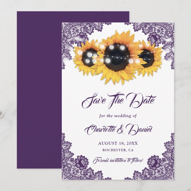 Save The Date Mariage Tournesol en Dentelle Florale Rustique Vio (Devant / Derrière)