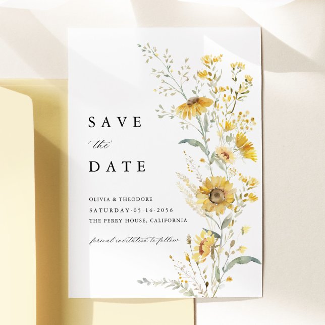 Save The Date Mariage Tournesol Fleur Sauvage Jaune (Yellow sunflower wildflower save the date card watercolor floral elegant garden wedding stationery)