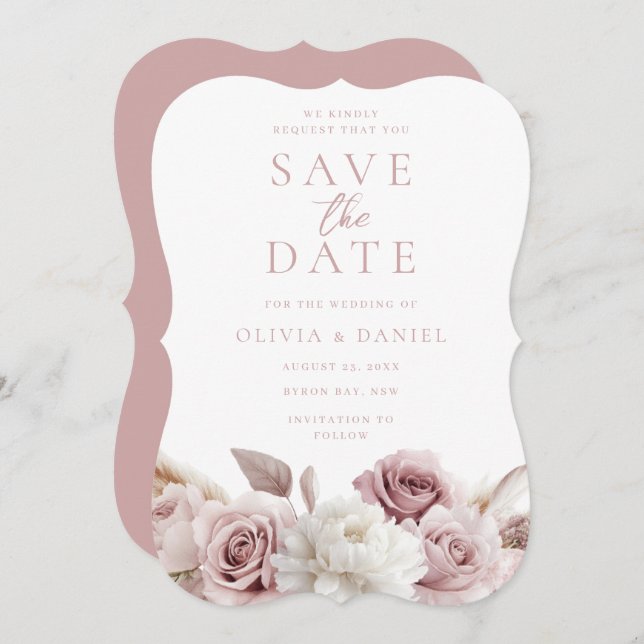 Save The Date Mariage Toutes Saisons Roses Poussiéreuses et Rose (Devant / Derrière)