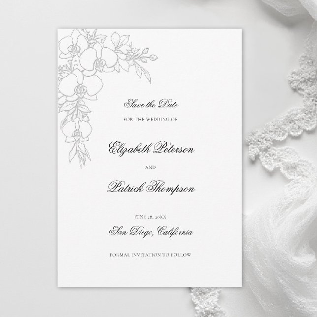 Save The Date Mariage Traditionnel Formel Élévé Blanc Orchidée (orchid wedding save the date formal modern classic traditional black tie parents hosted white)