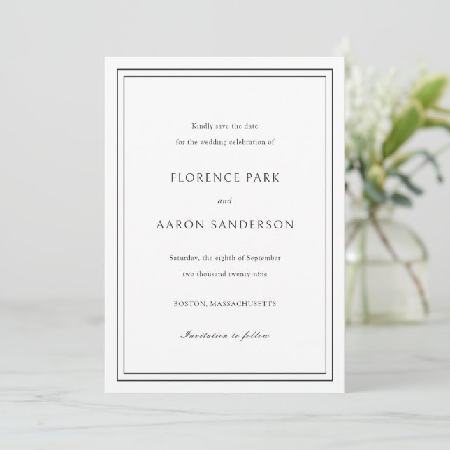 Save The Date Mariage Traditionnel Noir et Blanc Intemporel (Debout devant)