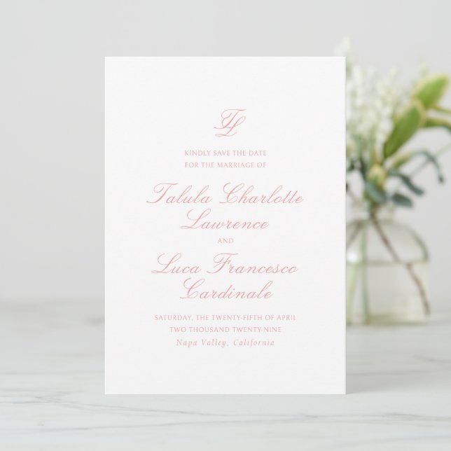 Save The Date Mariage Traditionnel Rose Corail Élégant (Debout devant)