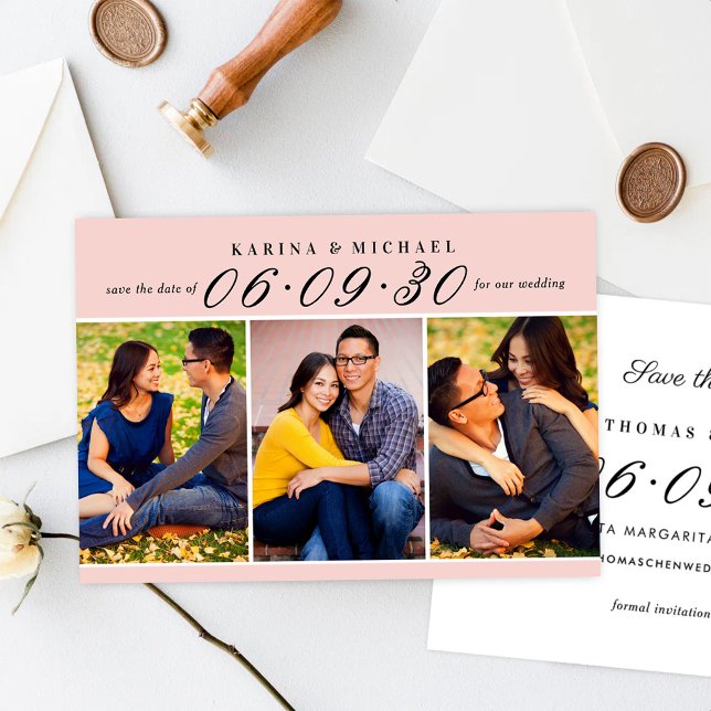 Save The Date Mariage Trois Photos Collage Noir Rose (Créateur téléchargé)