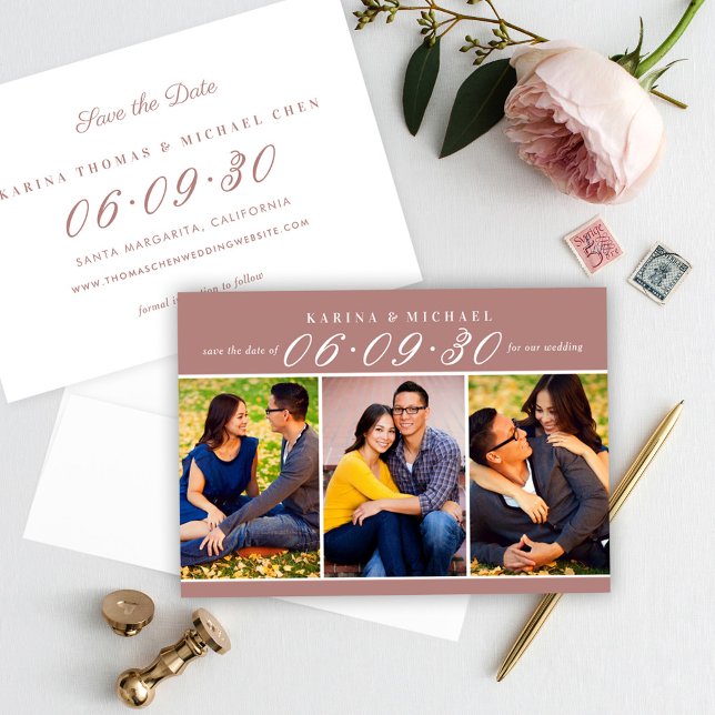 Save The Date Mariage Trois Photos Collage Rose Poussiéreuse (Créateur téléchargé)
