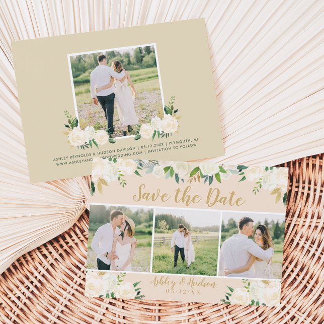 Save The Date Mariage Trois Photos Écriture Dorée Florale Rose (Créateur téléchargé)