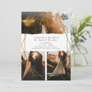 Save The Date Mariage trois photos écriture minimaliste blanc or