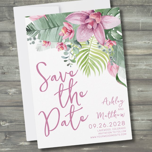Save The Date Mariage Tropical à l'Orchidée Fleurie (Purple Orchid Foliage Floral Tropical Wedding Save The Date)