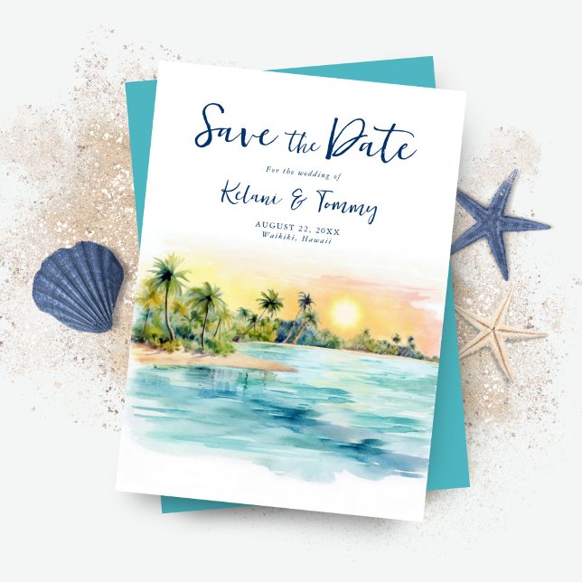 Save The Date Mariage Tropical Beach Sunset & Palm Tree (Créateur téléchargé)