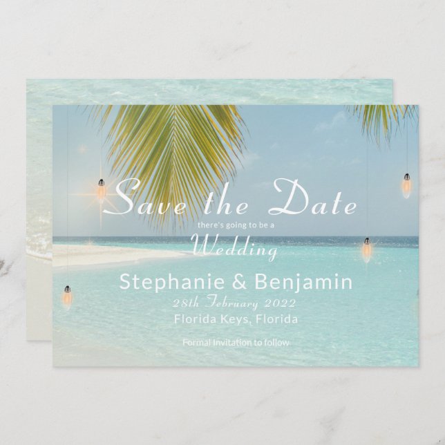 Save The Date Mariage Tropical Beach Turquoise Palm Tree (Devant / Derrière)