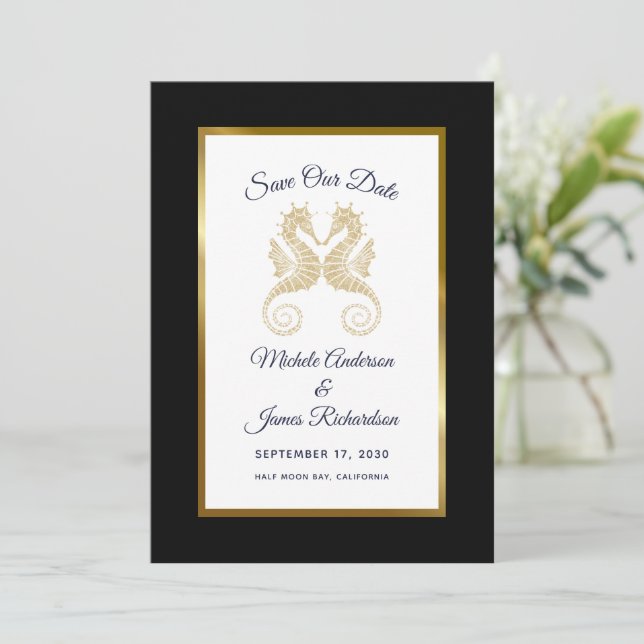 Save The Date Mariage Tropical Chevaux Marins Dorés Enregistrez  (Debout devant)
