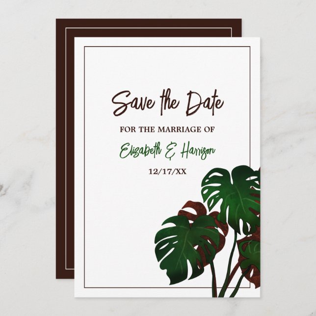 Save The Date Mariage tropical de la plage de Monstera (Devant / Derrière)