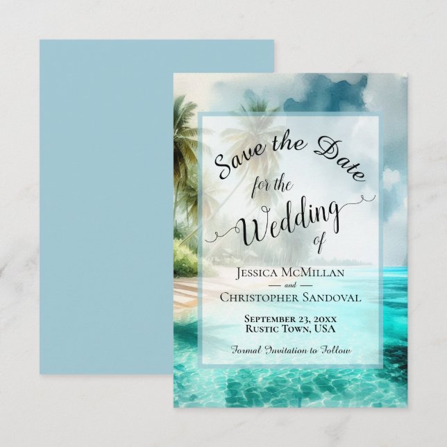 Save The Date Mariage Tropical de Plage à la Calligraphie Élégan (Devant / Derrière)