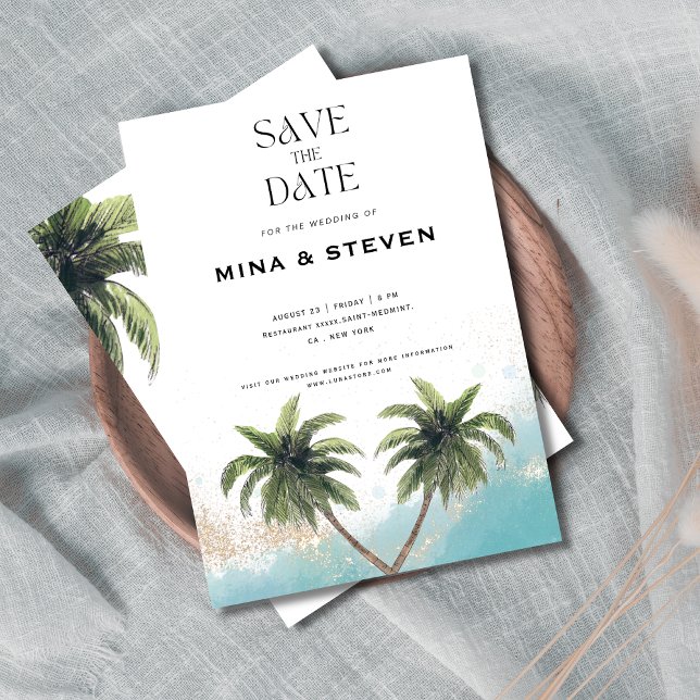 Save The Date Mariage tropical de plage à l'aquarelle bleue et o (Créateur téléchargé)