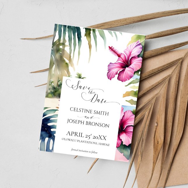 Save The Date Mariage tropical de plage enregistrer la date (Tropical beach wedding save the date card template digital download watercolor palms pink hibiscus)