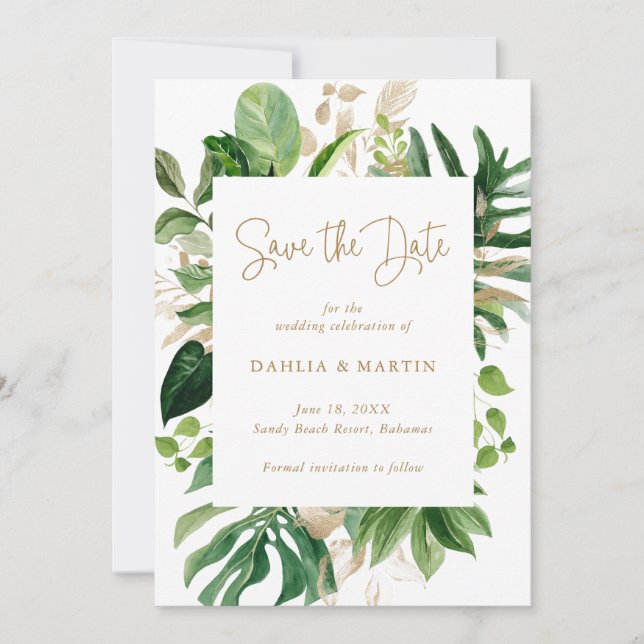 Save The Date Mariage tropical géométrique à la verdure moderne  (Devant)