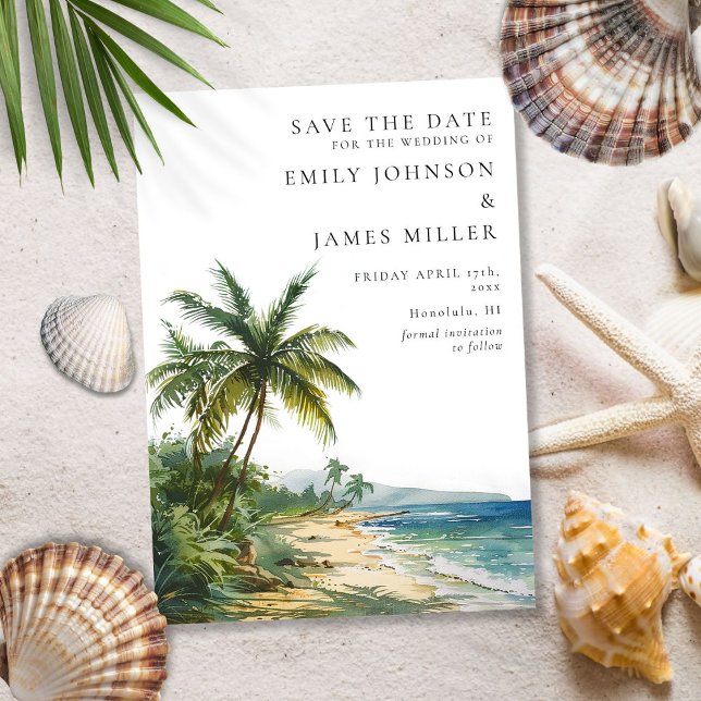 Save The Date Mariage Tropical Moderne à l'Aquarelle sur la Plag (Modern Watercolor Tropical Palm Beach Wedding Save The Date)