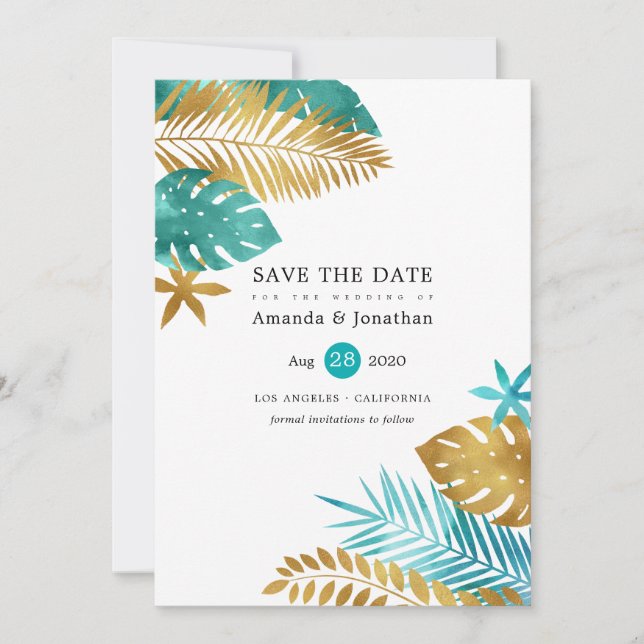 Save The Date Mariage Tropical turquoise et Gold Foil (Devant)