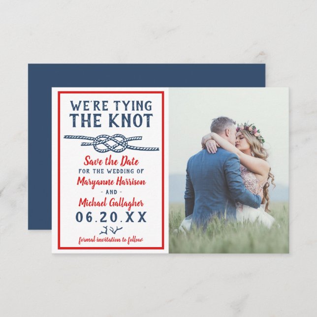 Save The Date Mariage Tying Knot Beach Photo Marine bleu rouge (Devant / Derrière)