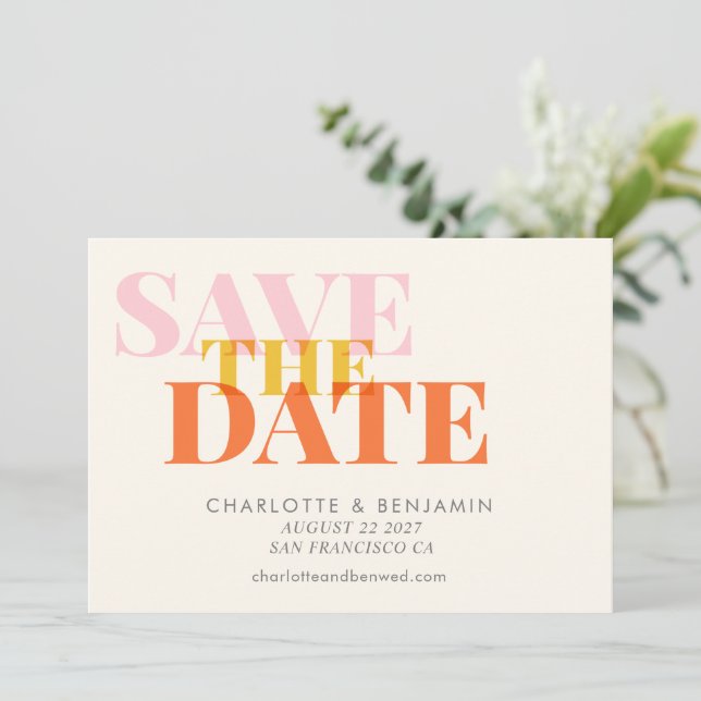 Save The Date Mariage Typographie Gras Couleurs Rose Orange (Debout devant)