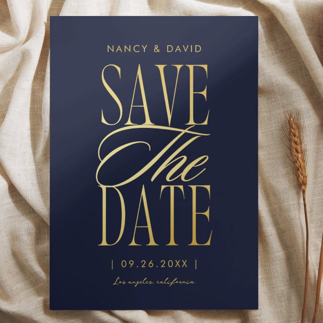 Save The Date Mariage Typographie Script Bleu Marine Et Or (Créateur téléchargé)