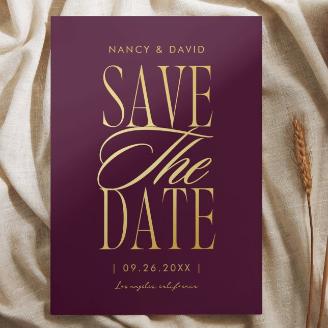 Save The Date Mariage Typographie Script Or Et Bourgogne  (Créateur téléchargé)