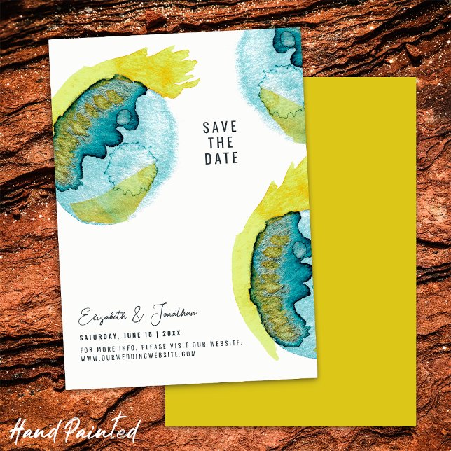 Save The Date Mariage Unique Art Abstrait Aquarelle Bleu Jaune (Front/Back)