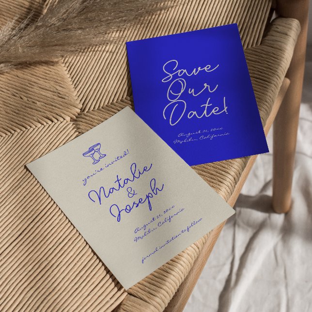 Save The Date Mariage unique avec dessin à la main bleu rétro (Créateur téléchargé)