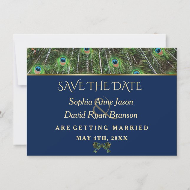 Save The Date Mariage Unique Bleu Nuit Plumes de Paon Or (Devant)