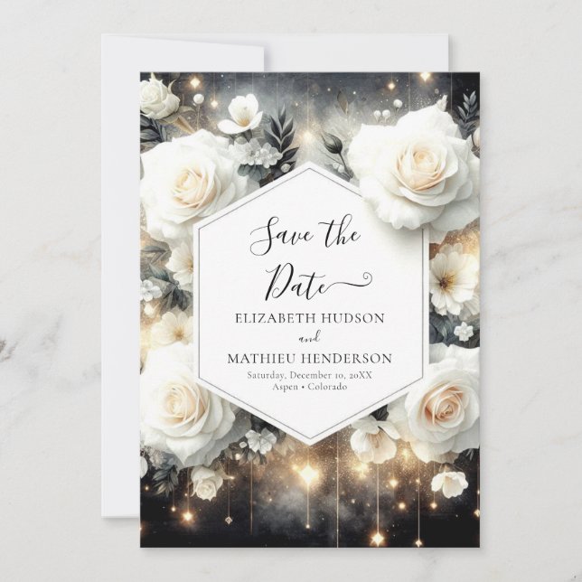 Save The Date Mariage unique Digital White Roses (Devant)