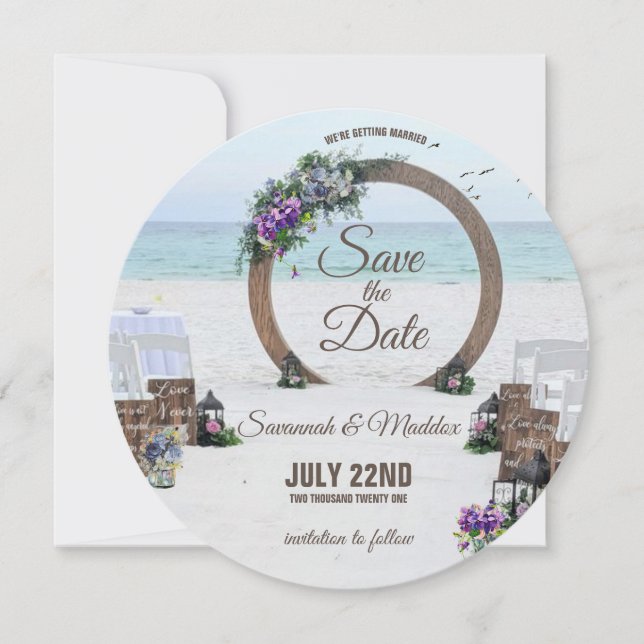 Save The Date Mariage unique en bois Arbor Beach Flowers (Devant)
