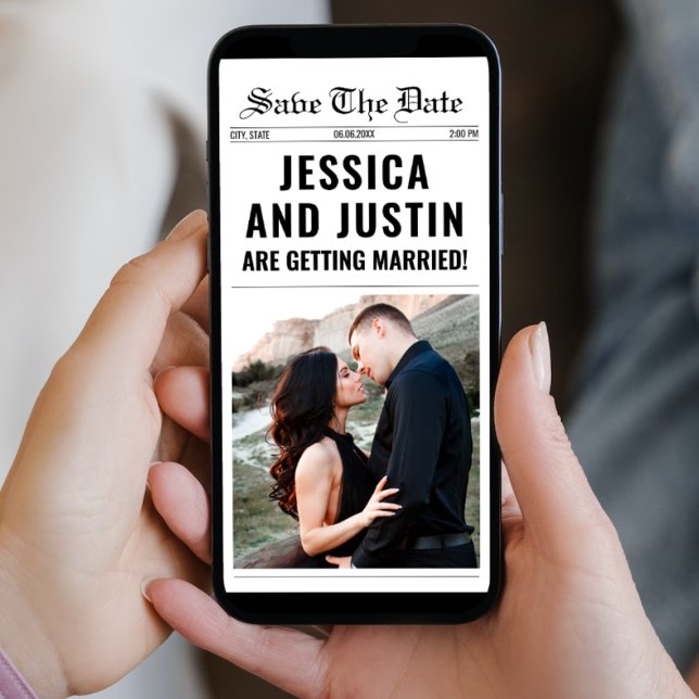 Save The Date Mariage Unique Simple Chic Photo Journal (Newspaper Unique Simple Chic Photo Wedding Save The Date digital save the date card template)