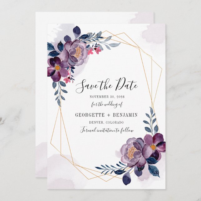 Save The Date Mariage végétal géométrique violet (Devant / Derrière)