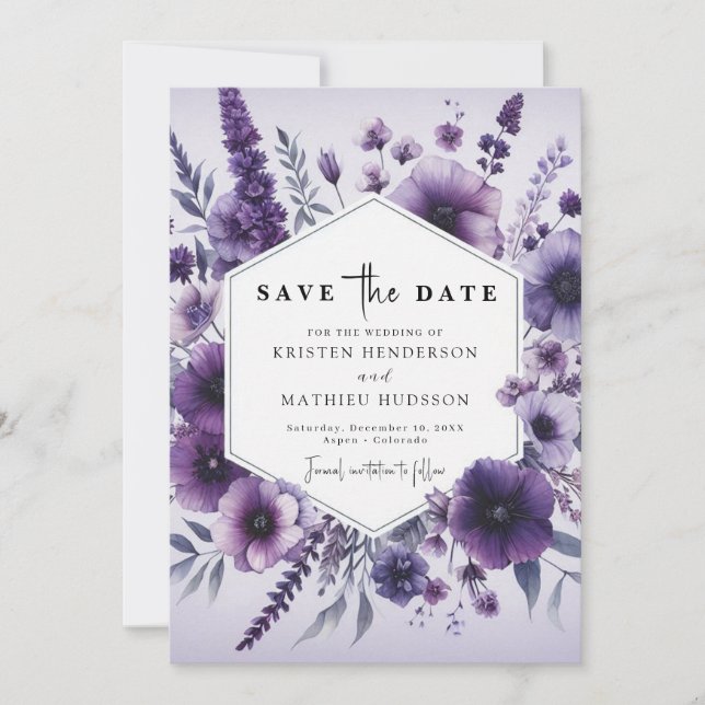 Save The Date Mariage végétal pourpre botanique minimal (Devant)