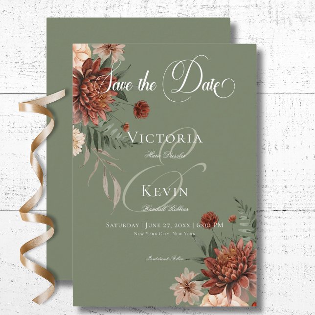 Save The Date Mariage vert Boho Peach & Rust Floral Sage (Boho Peach & Rust Floral Sage Green Wedding Save The Date Card)