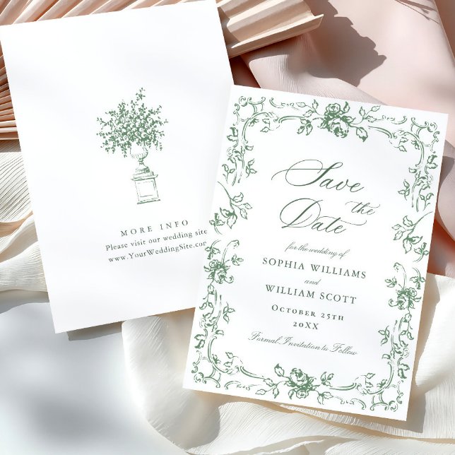 Save The Date Mariage vert de la saison florale de la Renaissanc (Créateur téléchargé)