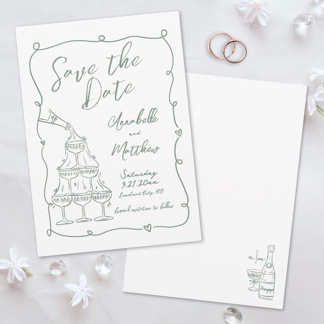 Save The Date Mariage Vert Dessiné à la Main avec Fantaisie (Whimsical Hand Drawn Green Wedding Save the Date )