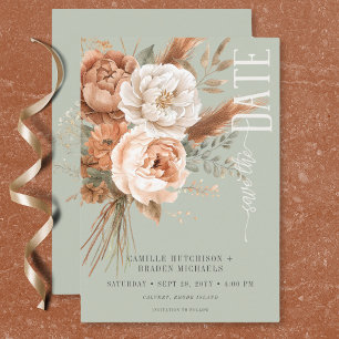 Save The Date Mariage Vert Floral Bohème Terracotta Abricot & Cr